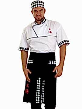 Костюм мужской суши-повара: китель КП-11-8, брюки БРМ-1-1, фартук Ф-30-4, головной убор «таблетка» ГУ-28