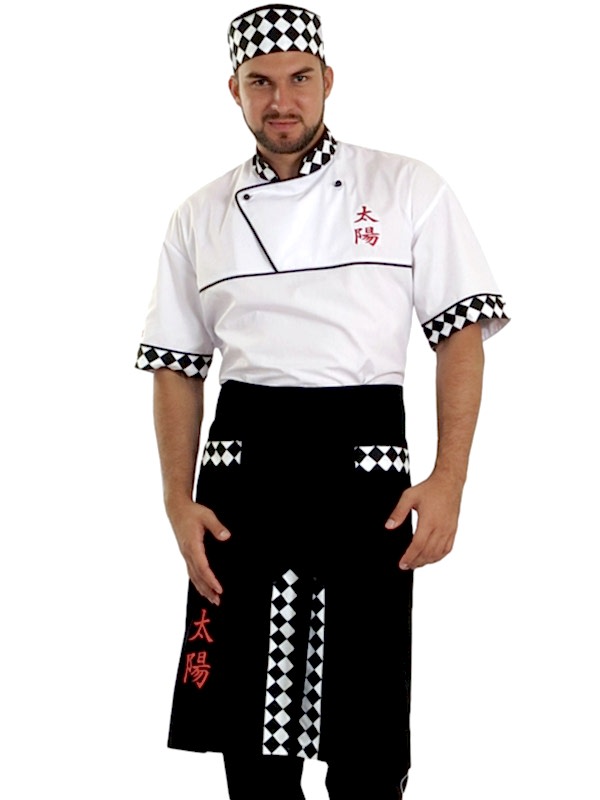 Костюм мужской суши-повара: китель КП-11-8, брюки БРМ-1-1, фартук Ф-30-4, головной убор «таблетка» ГУ-28